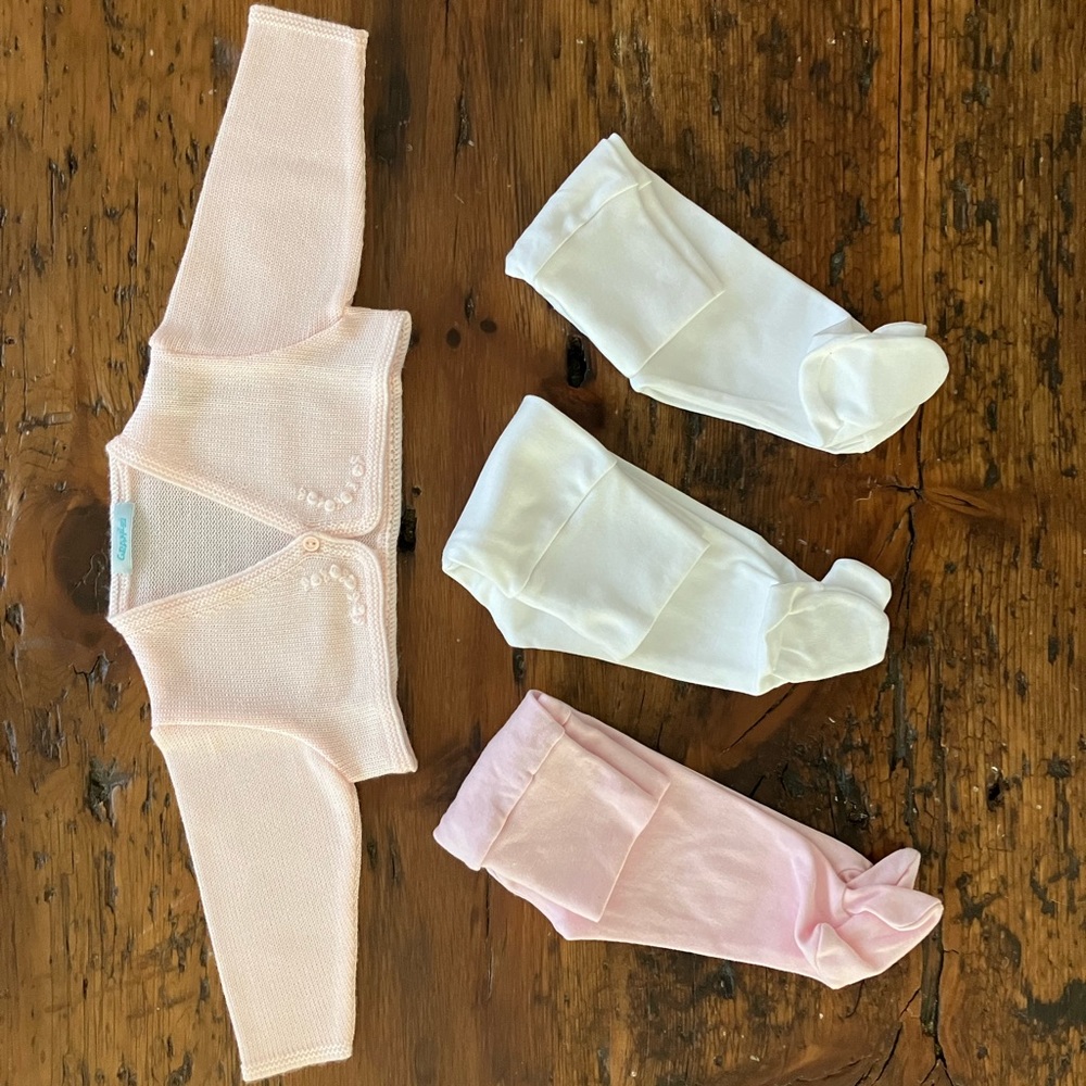 LOT of baby footsie tights, cardigan and hat